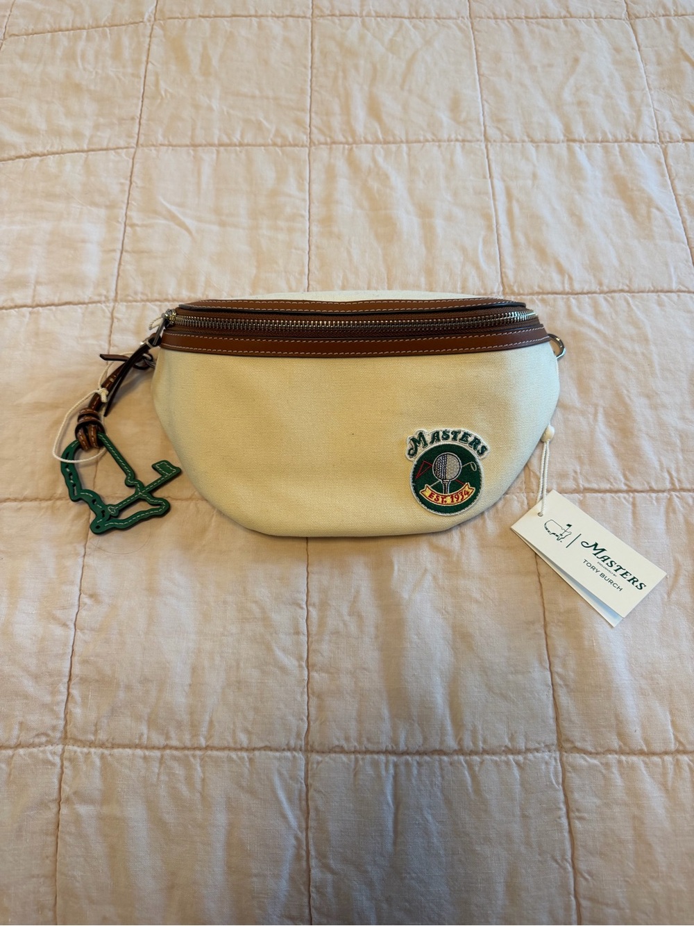 NWT Masters by Tory Burch Cream Canvas Belt Bag with Brown Trim and Green Patch